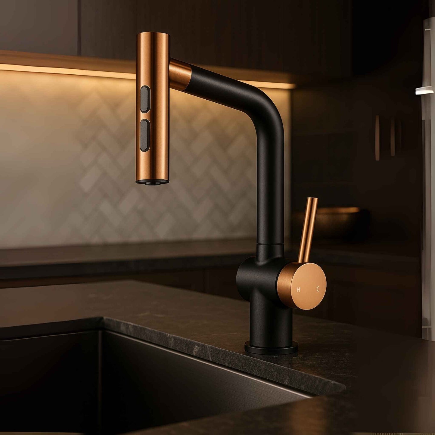 Top angle view of modern black and rose gold kitchen mixer tap showing faucet layout and sink placement