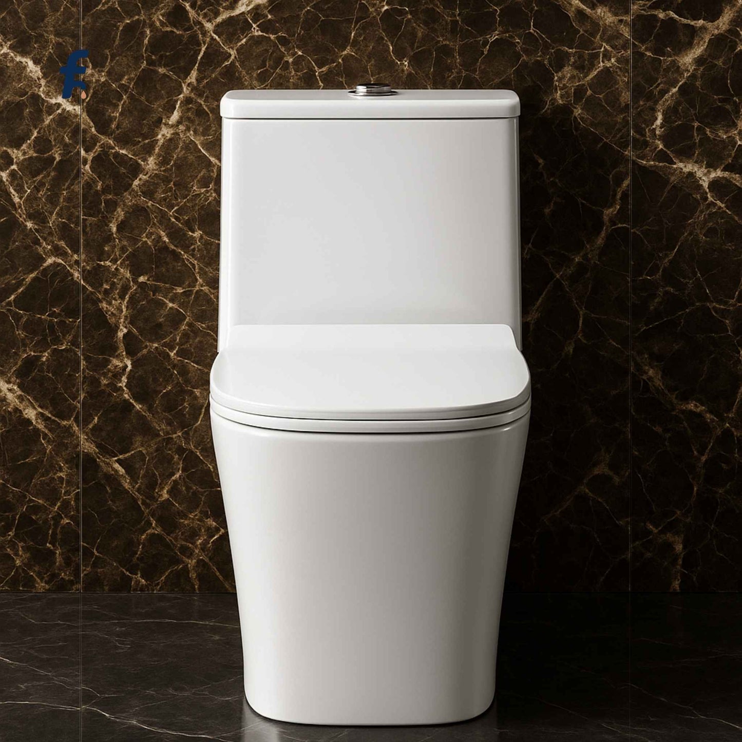 Front angle view of affordable one-piece rimless toilet
