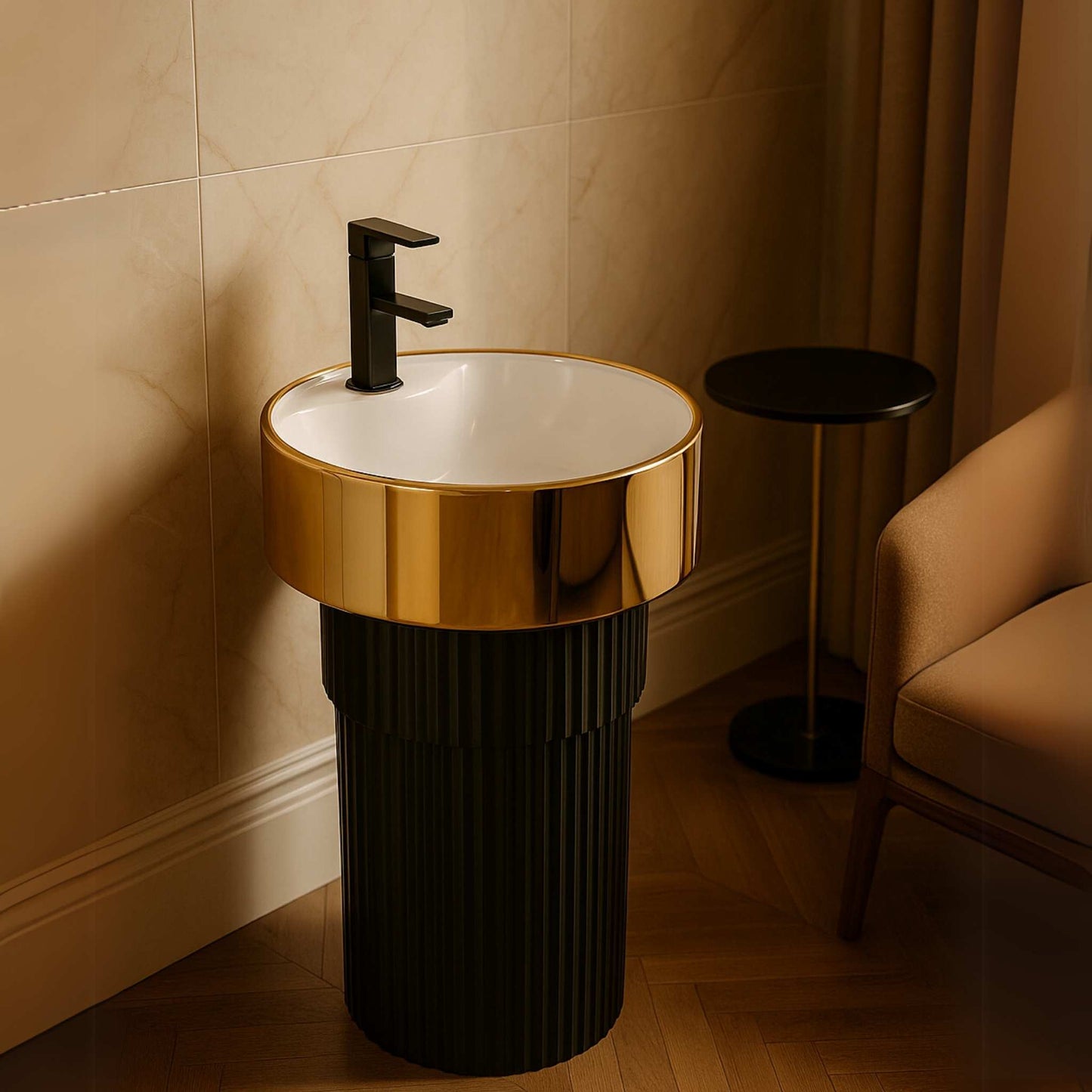 Black and gold round designer pedestal washbasin