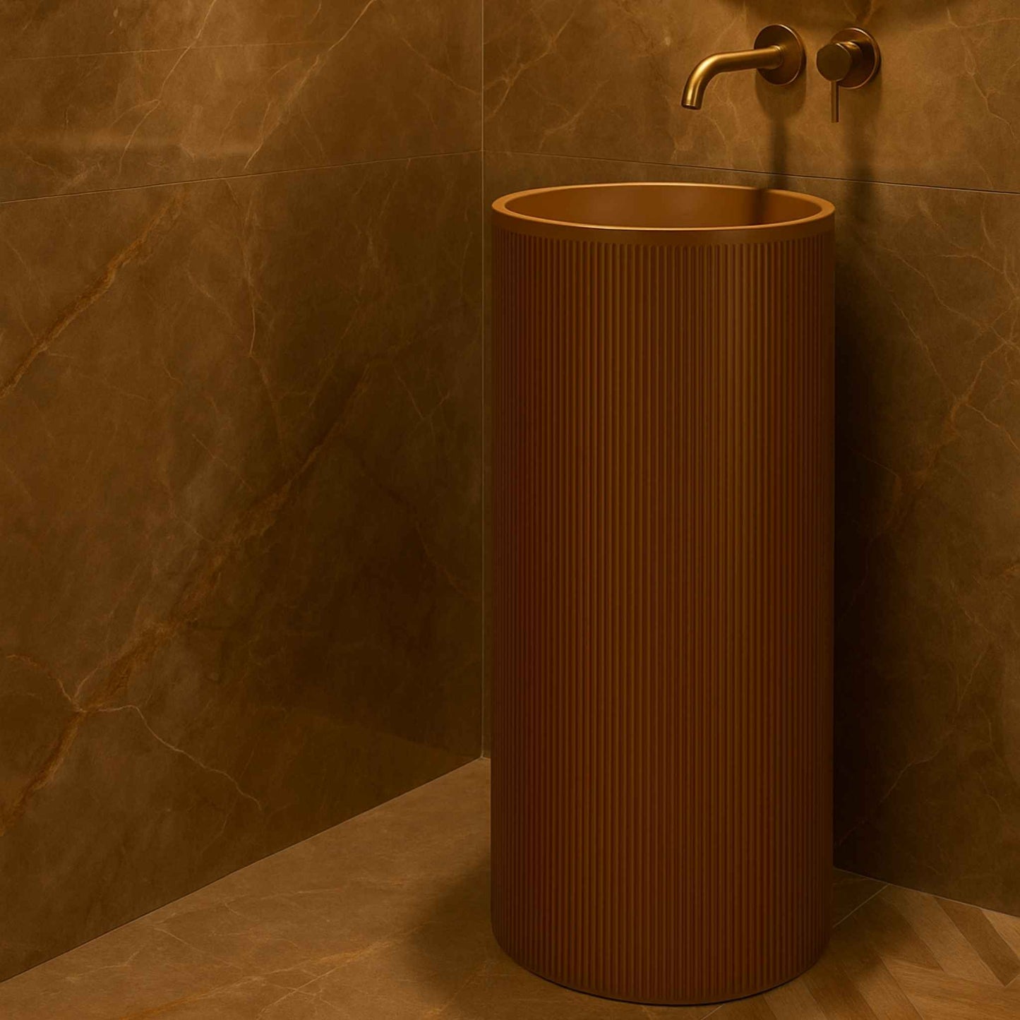 Brown freestanding sink against a marble wall