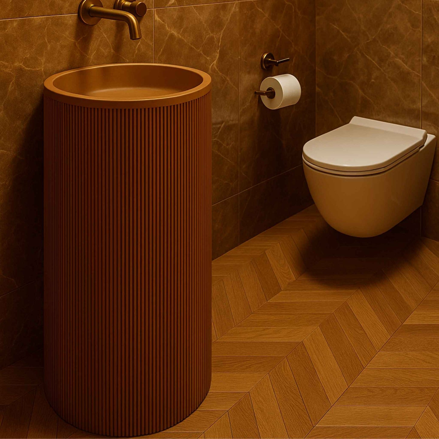 Brown freestanding sink next to a white toilet in a bathroom with tiled walls and floor.