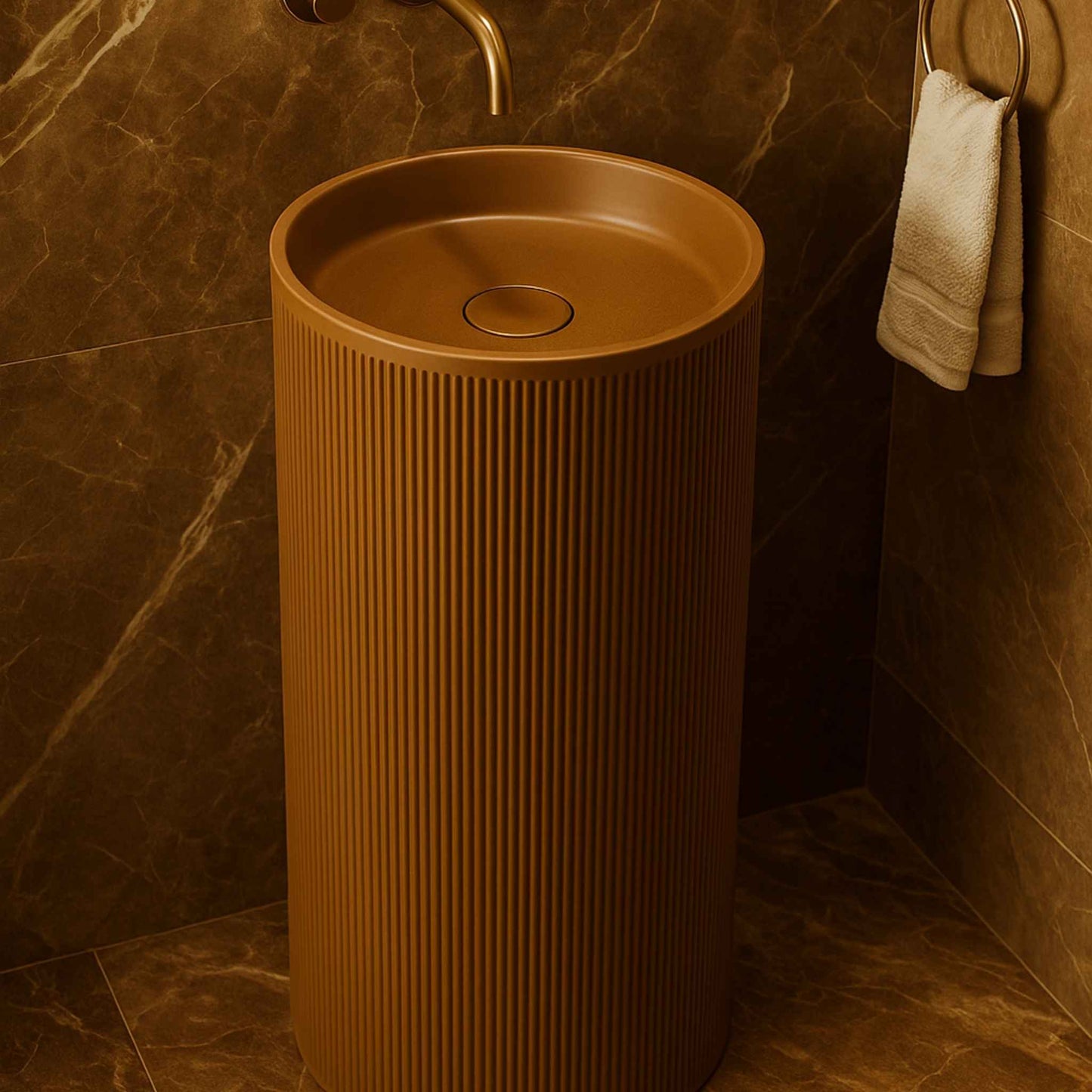 Brown freestanding sink in a bathroom with marble walls and a towel.