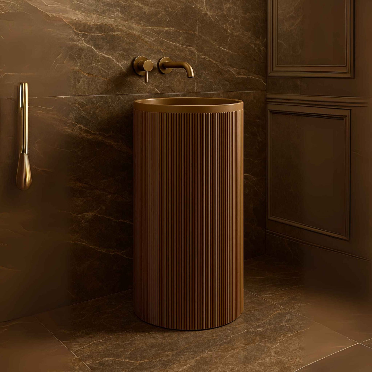 Brown freestanding sink with gold faucet in a bathroom setting