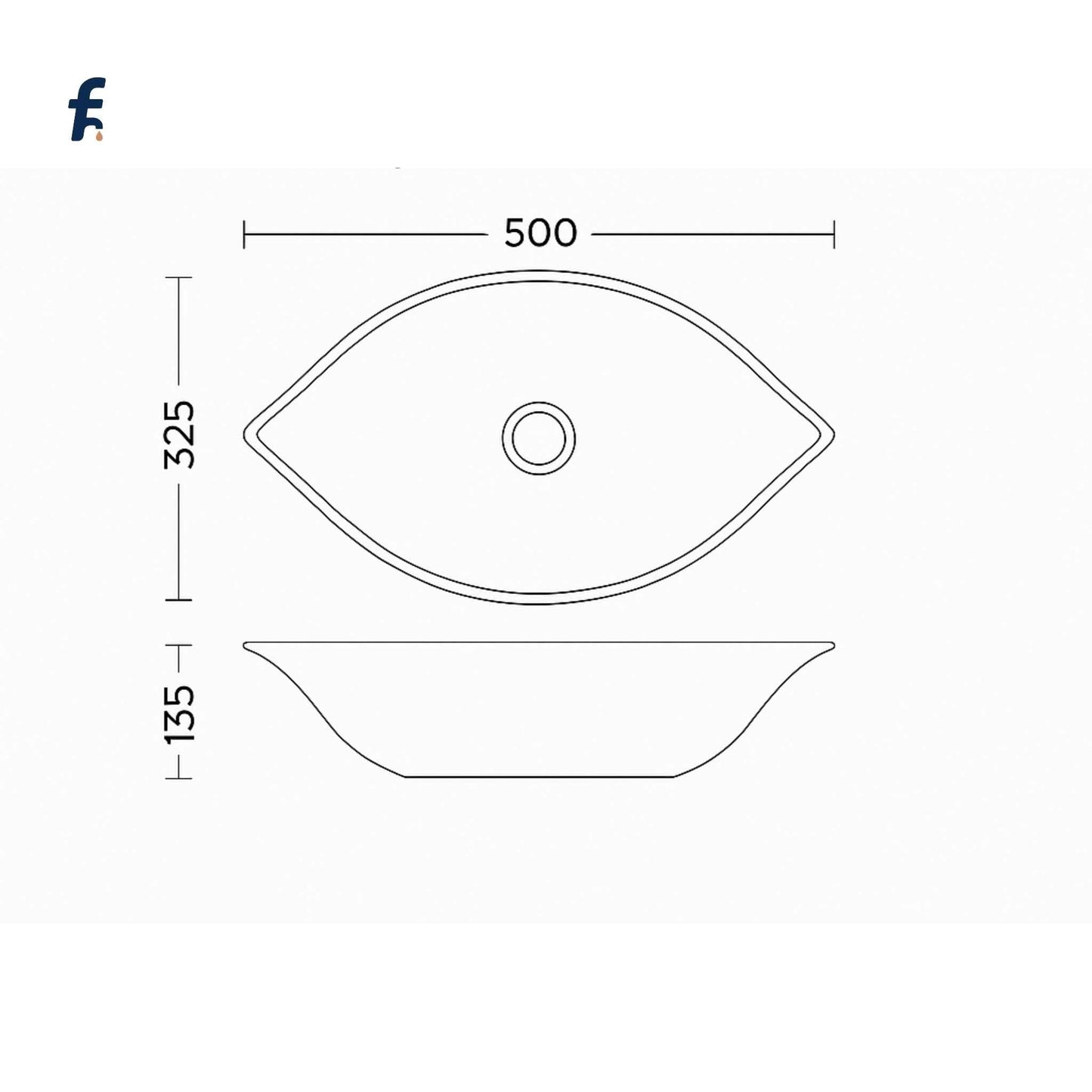 Technical drawing of a sink with dimensions labeled
