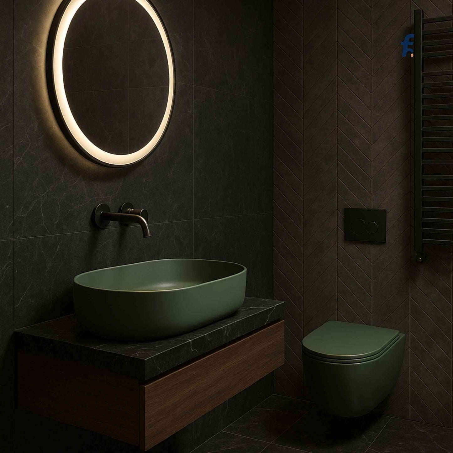 Modern bathroom with green sink and toilet against a dark wall with a round illuminated mirror.