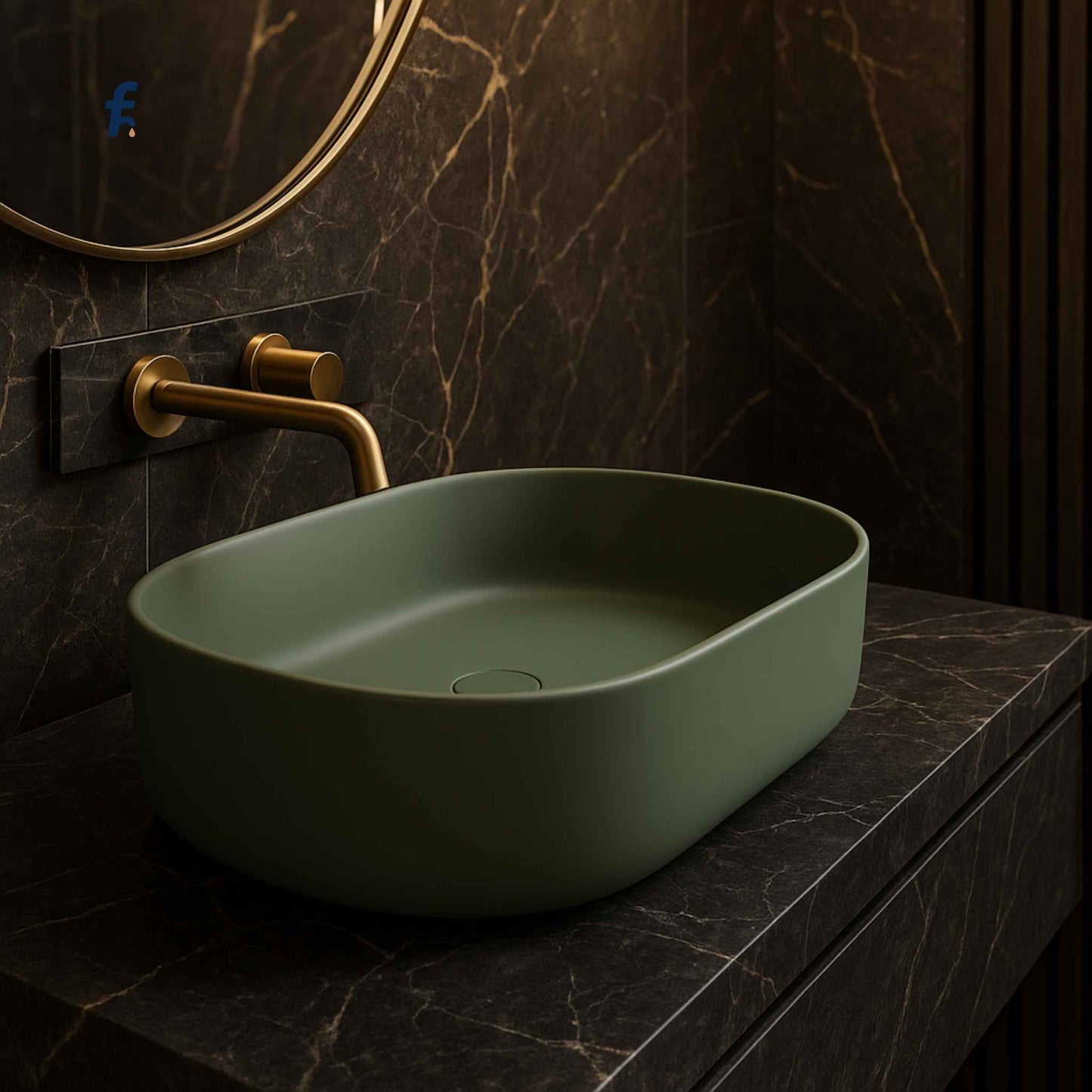 Forest Mint-1 designer green oval countertop washbasin with a wall-mounted faucet – side profile in luxurious bathroom