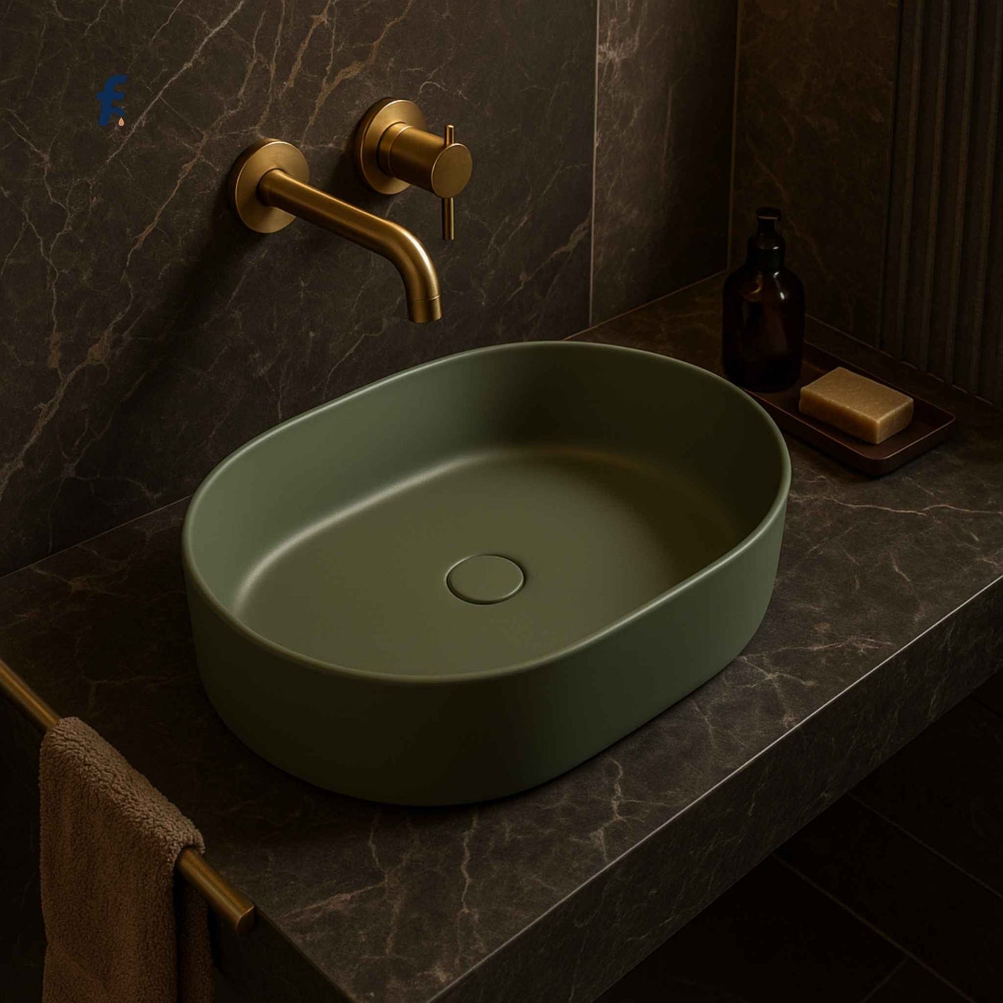 Top view of Forest Mint-2 green oval above-counter basin placed in a premium bathroom setup