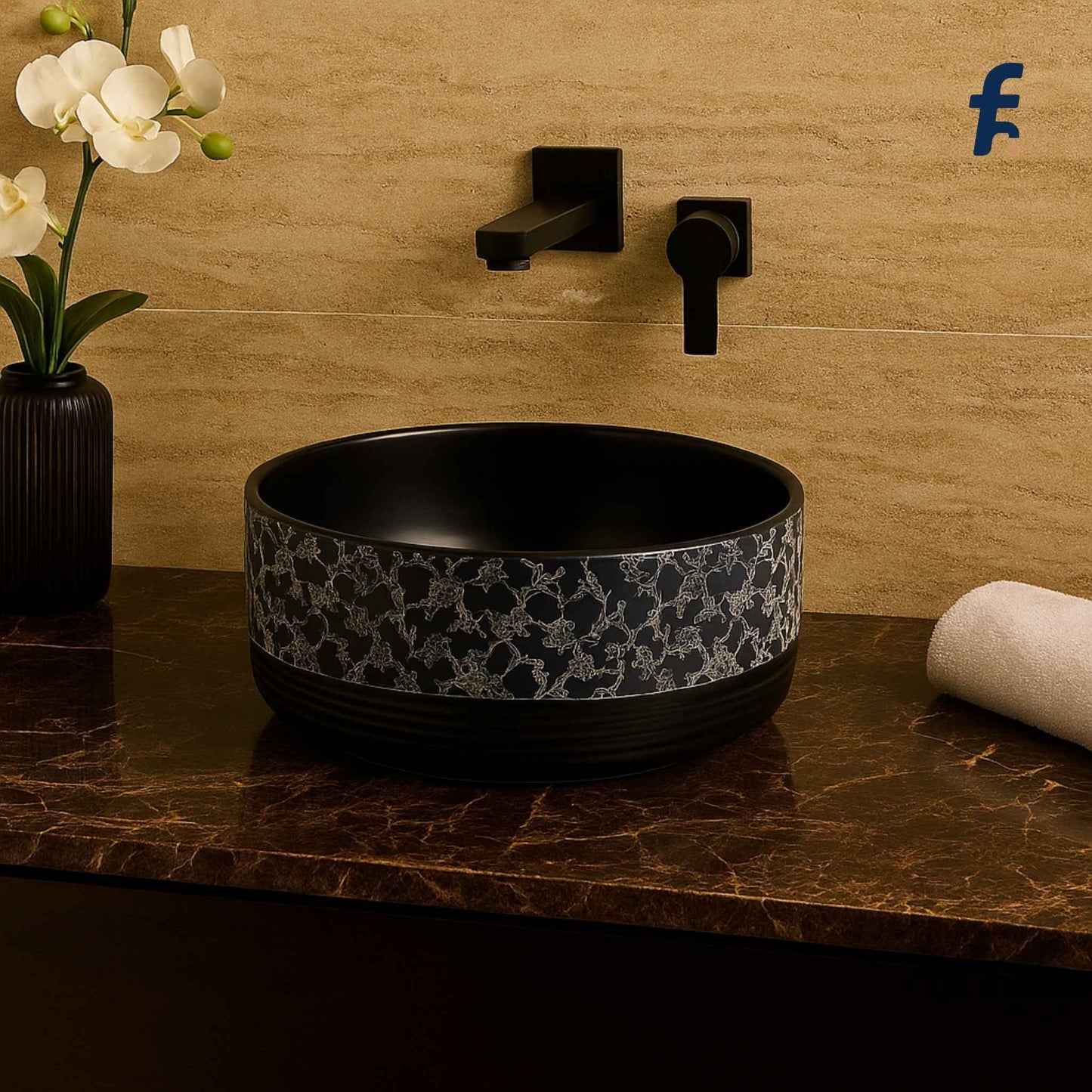 Full bathroom interior view featuring EQTT-515 designer black floral wash basin, wall-mounted gold faucet, and elegant decor in a modern luxury washroom.