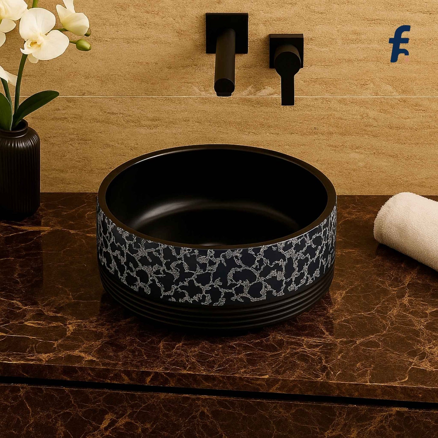 Top view of EQTT-515 round designer wash basin with detailed floral patterns and black inner bowl, installed in a luxury bathroom setting.