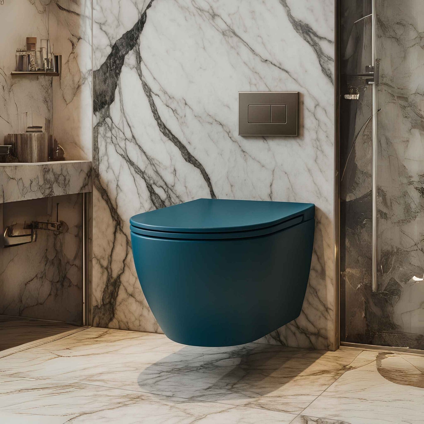 Luxury Pine Blue Wall-Hung Toilet | Rimless Compact WC for Designer Bathrooms