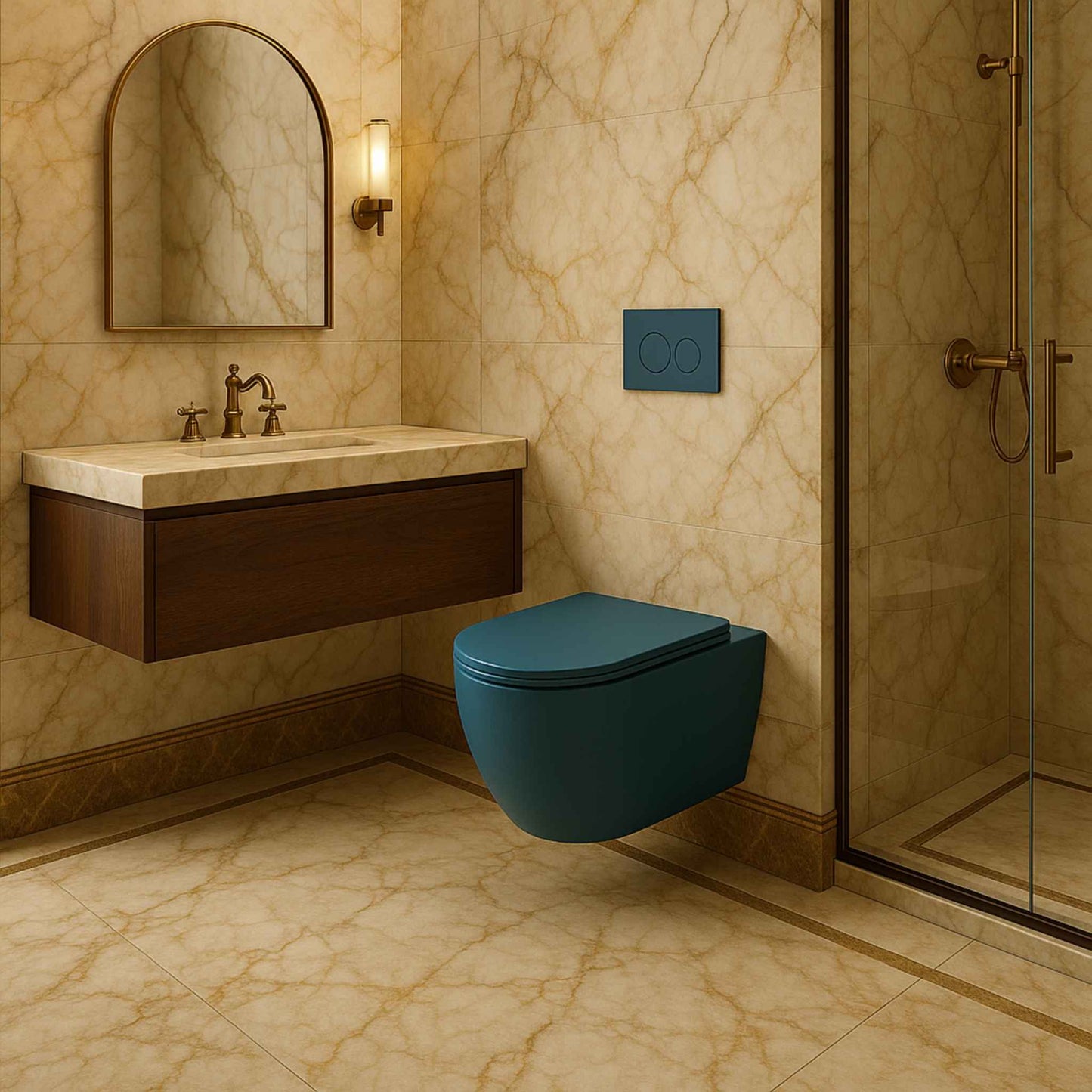 Modern bathroom with beige marble walls, a teal wall-mounted toilet, and a wooden vanity.