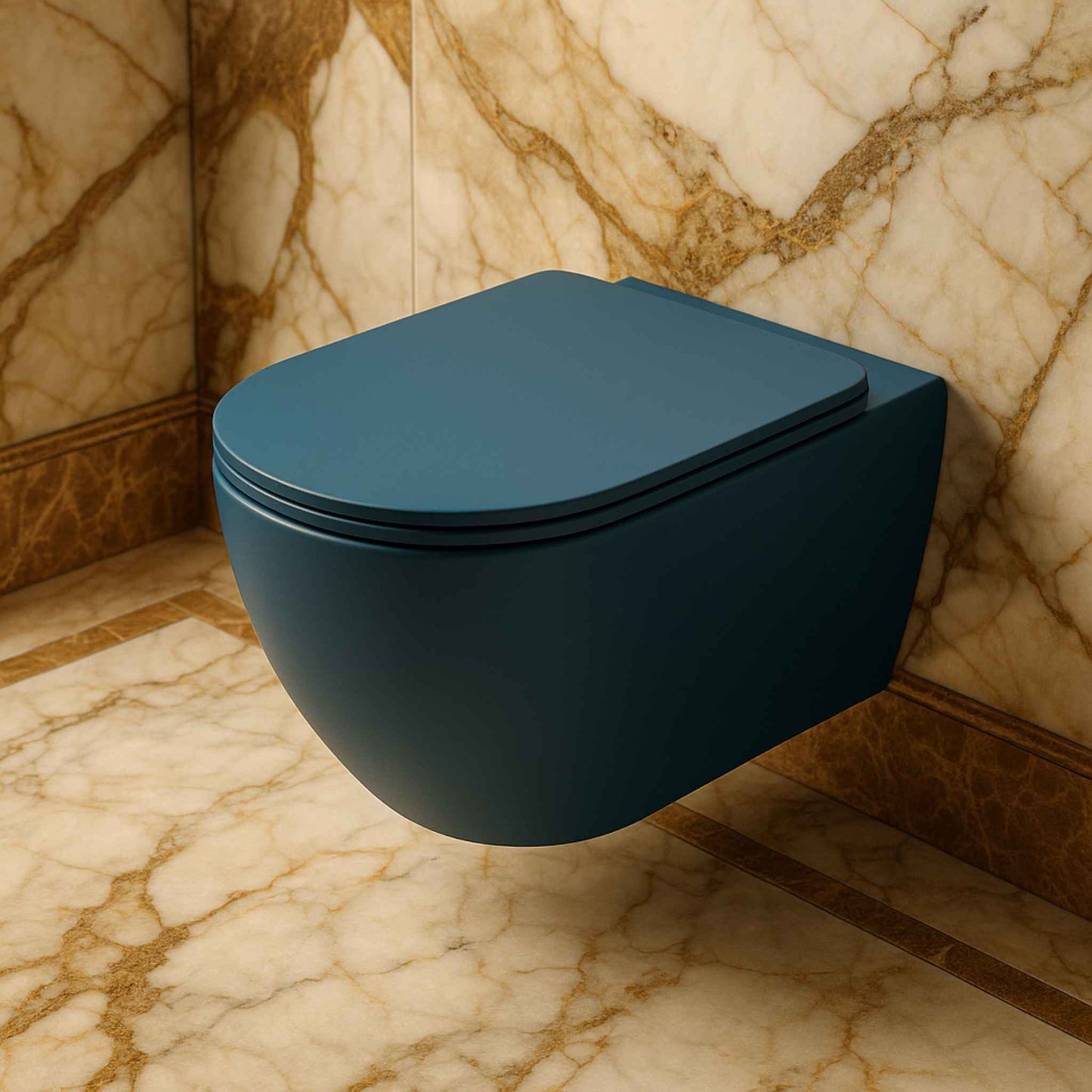 Top View Luxury Pine Blue Wall-Hung Toilet | Rimless Compact WC for Designer Bathrooms