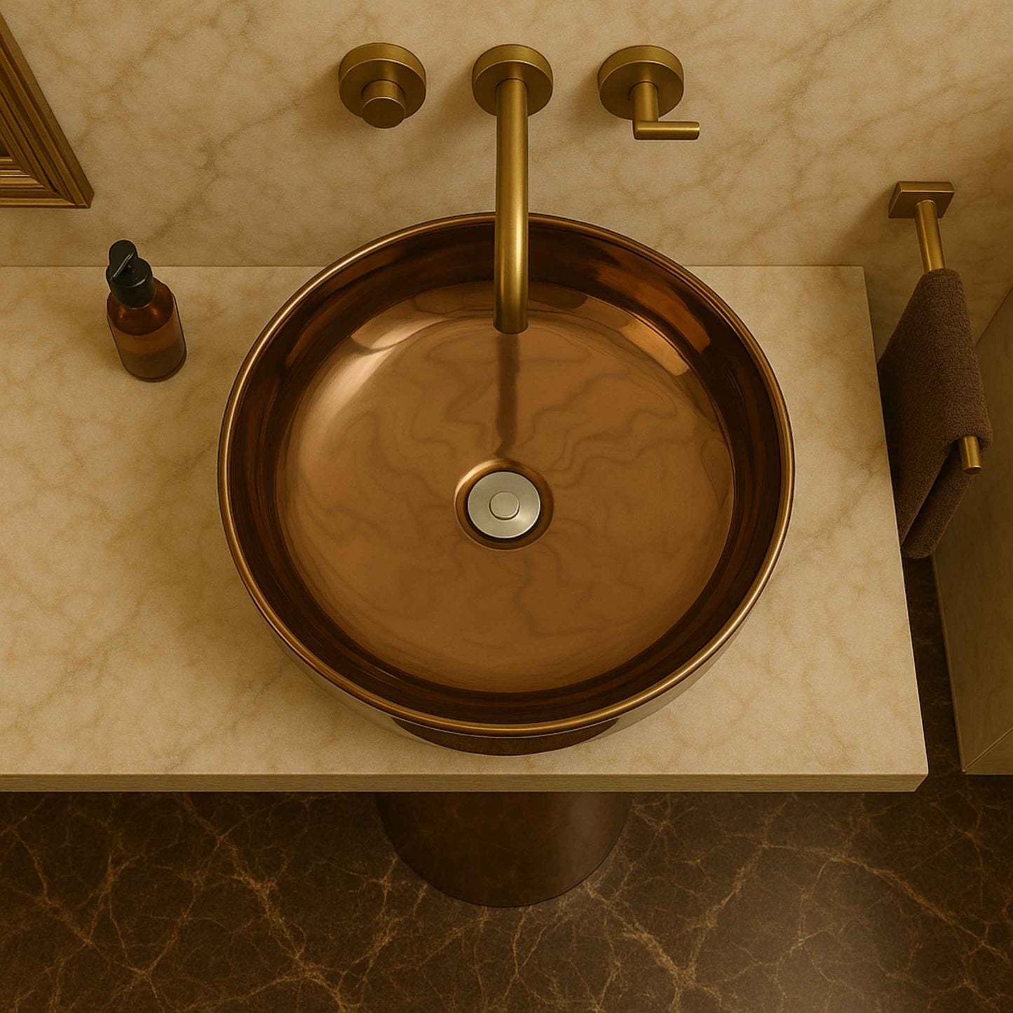 bronze basin with wall-mounted gold faucet