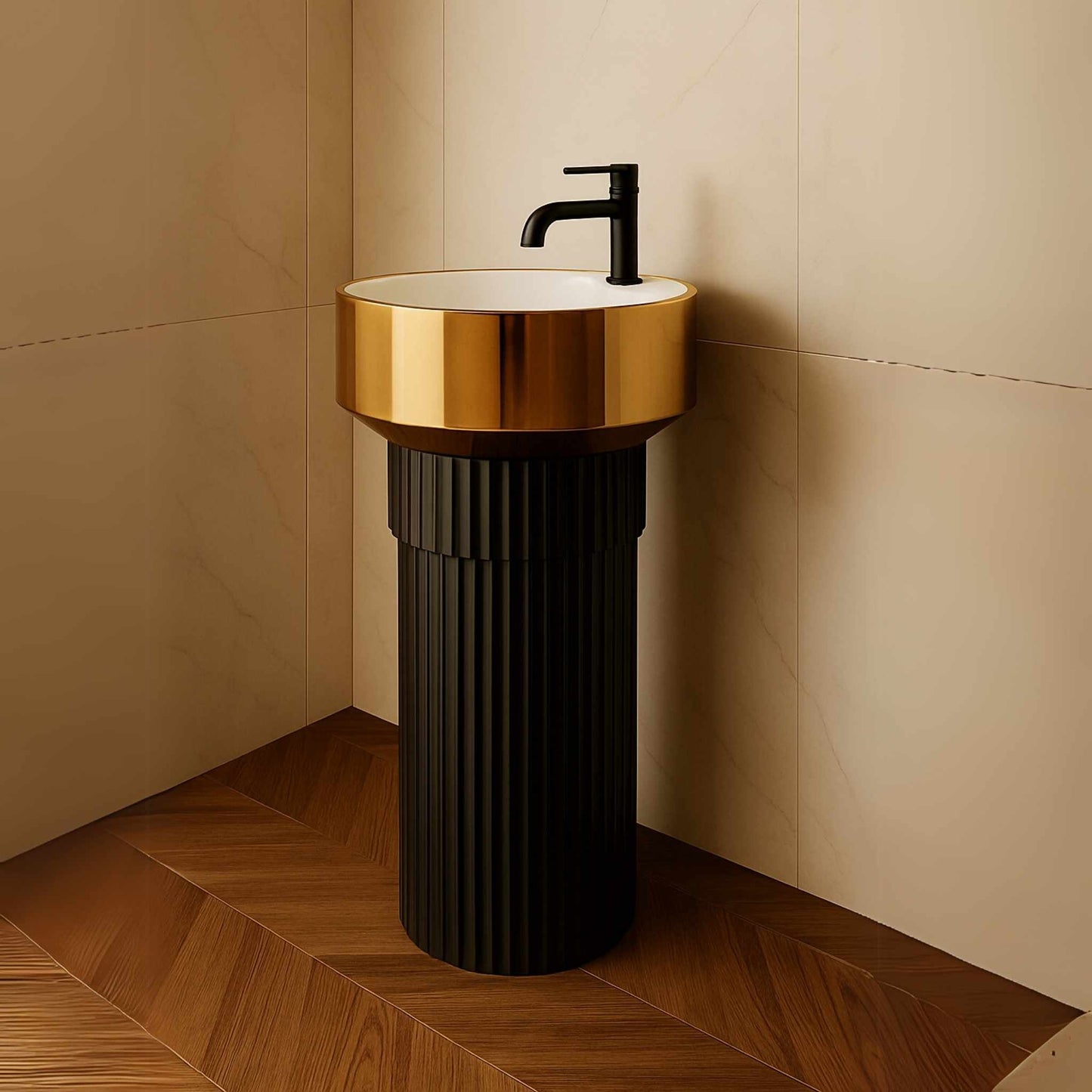 Side view of luxury pedestal washbasin in glossy black and gold finish