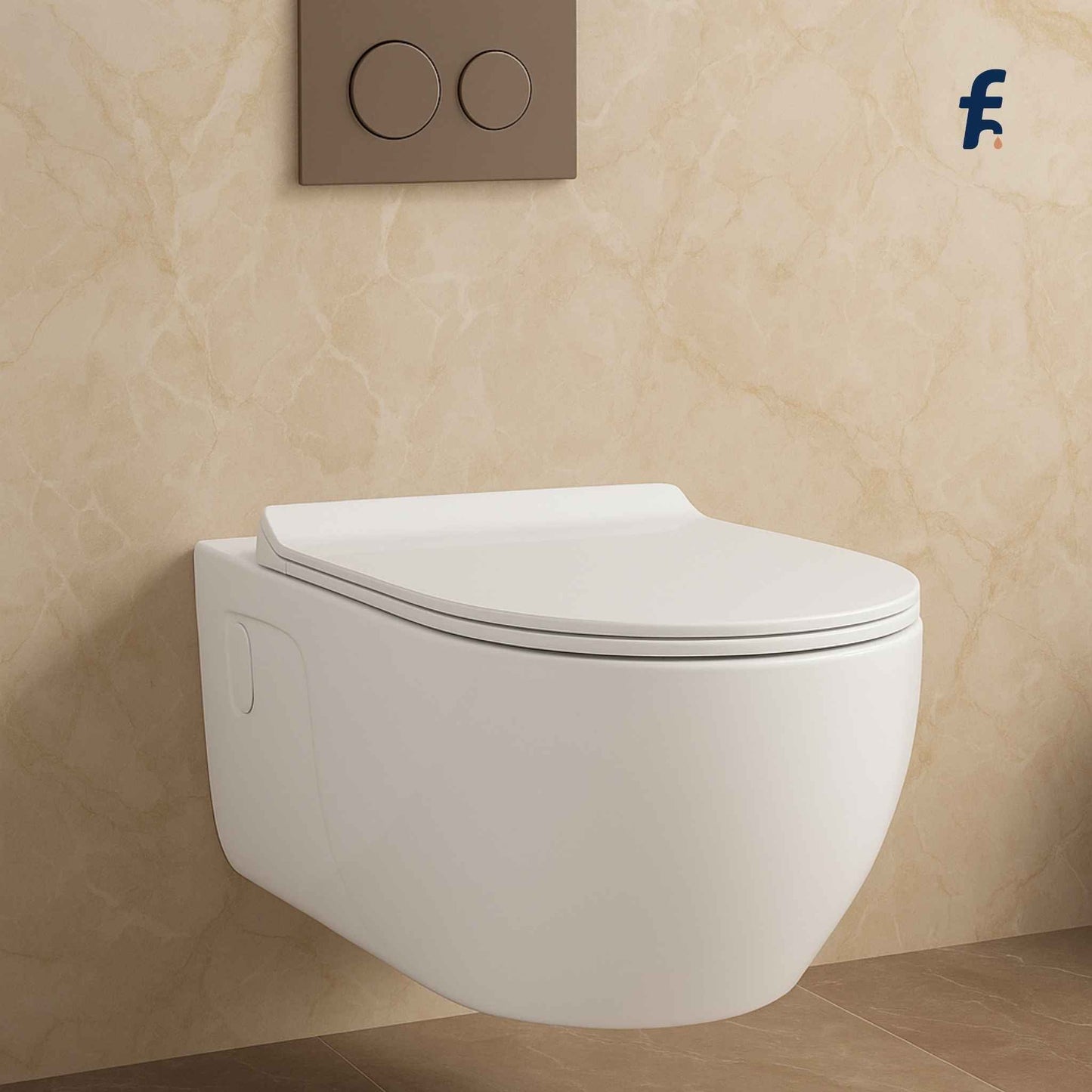 Wall-mounted white toilet against a beige tiled wall with a brand logo in the corner.