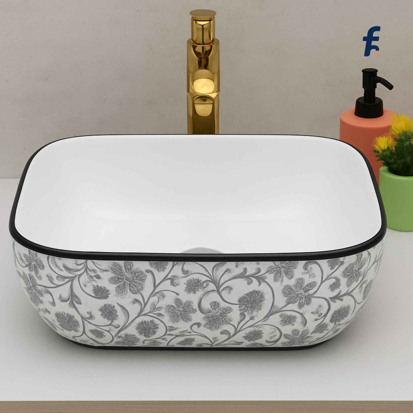 floral ceramic wash basin front view
