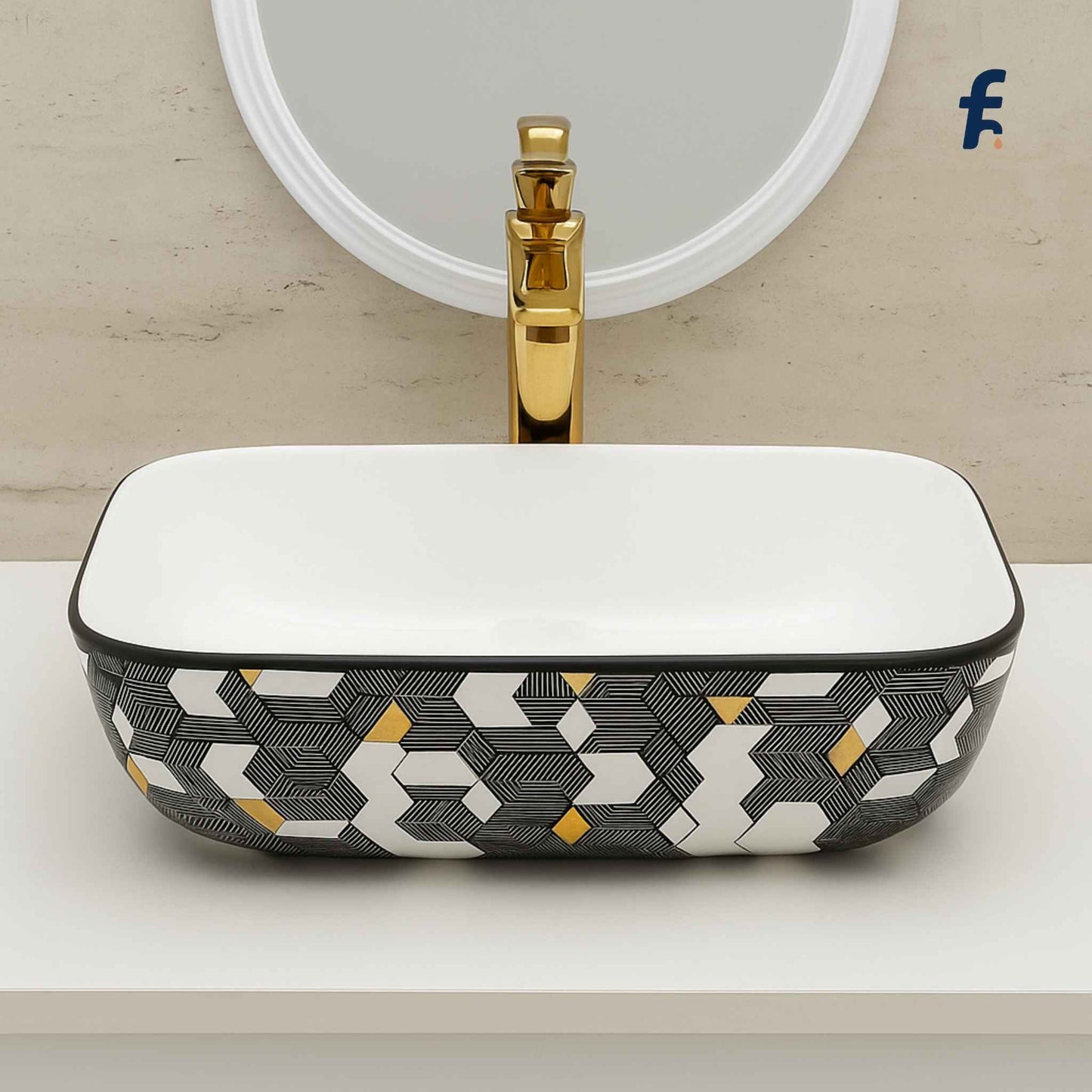Decorative bathroom sink with geometric pattern and gold faucet on a neutral background