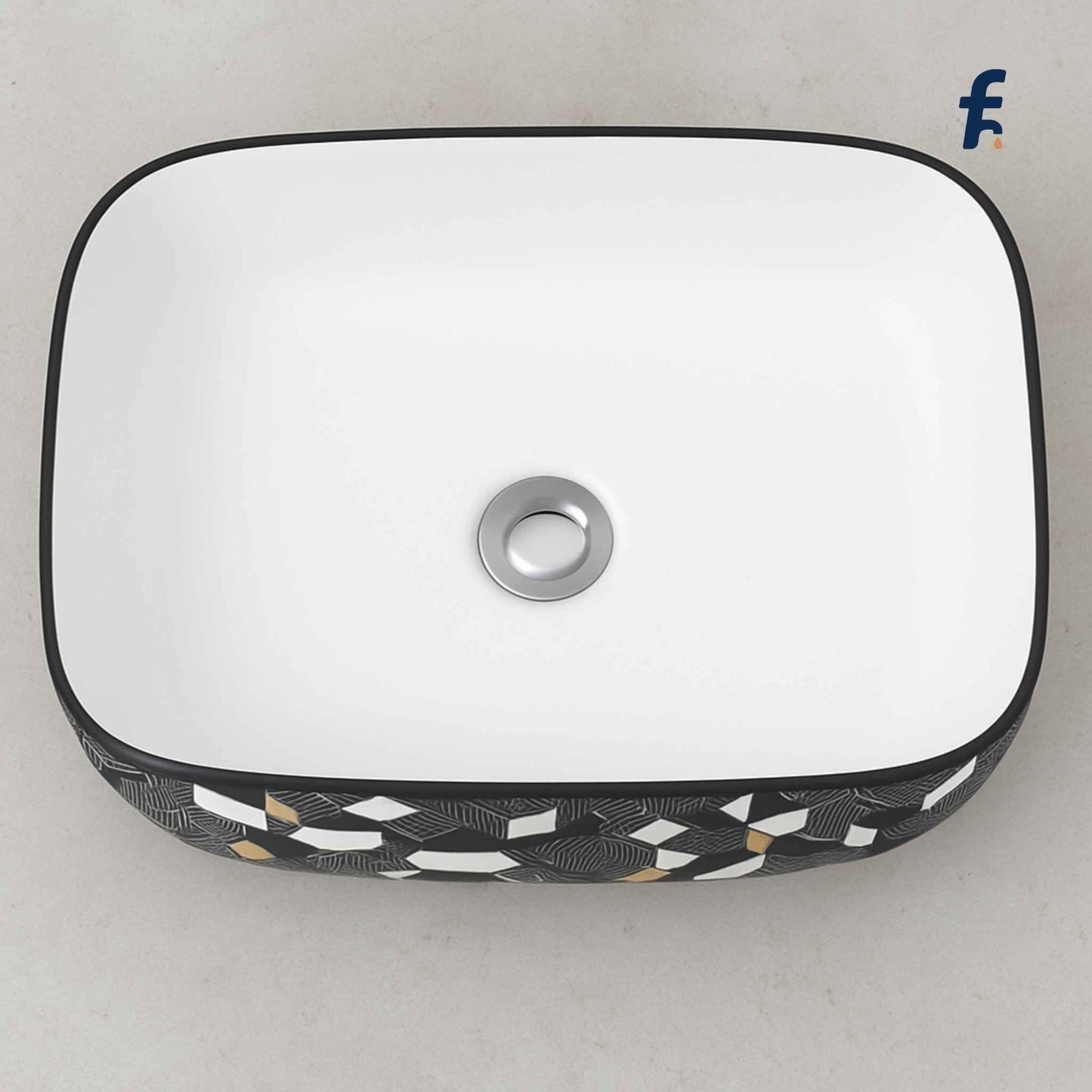 Rectangular ceramic sink with geometric pattern on a light gray background