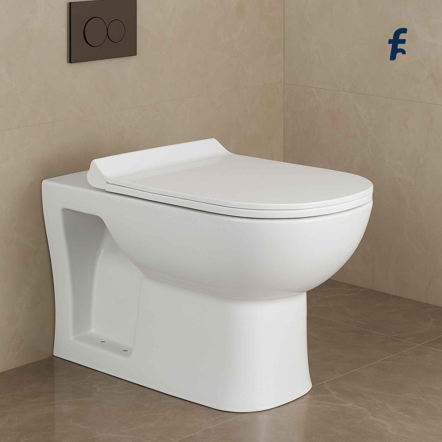 White toilet against a beige tiled wall with a visible brand logo.