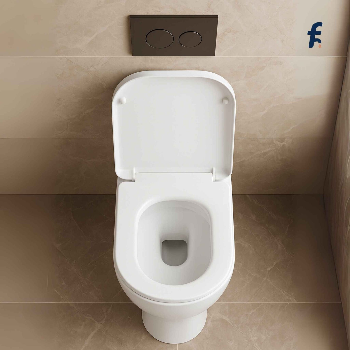 White toilet in a bathroom with beige tiles and a visible brand logo.
