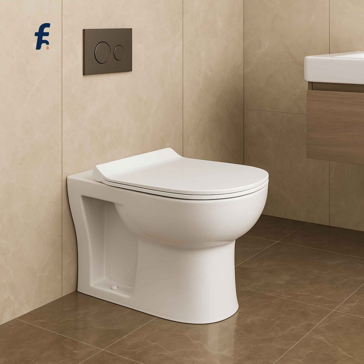 White toilet in a bathroom with beige tiles and a visible brand logo.