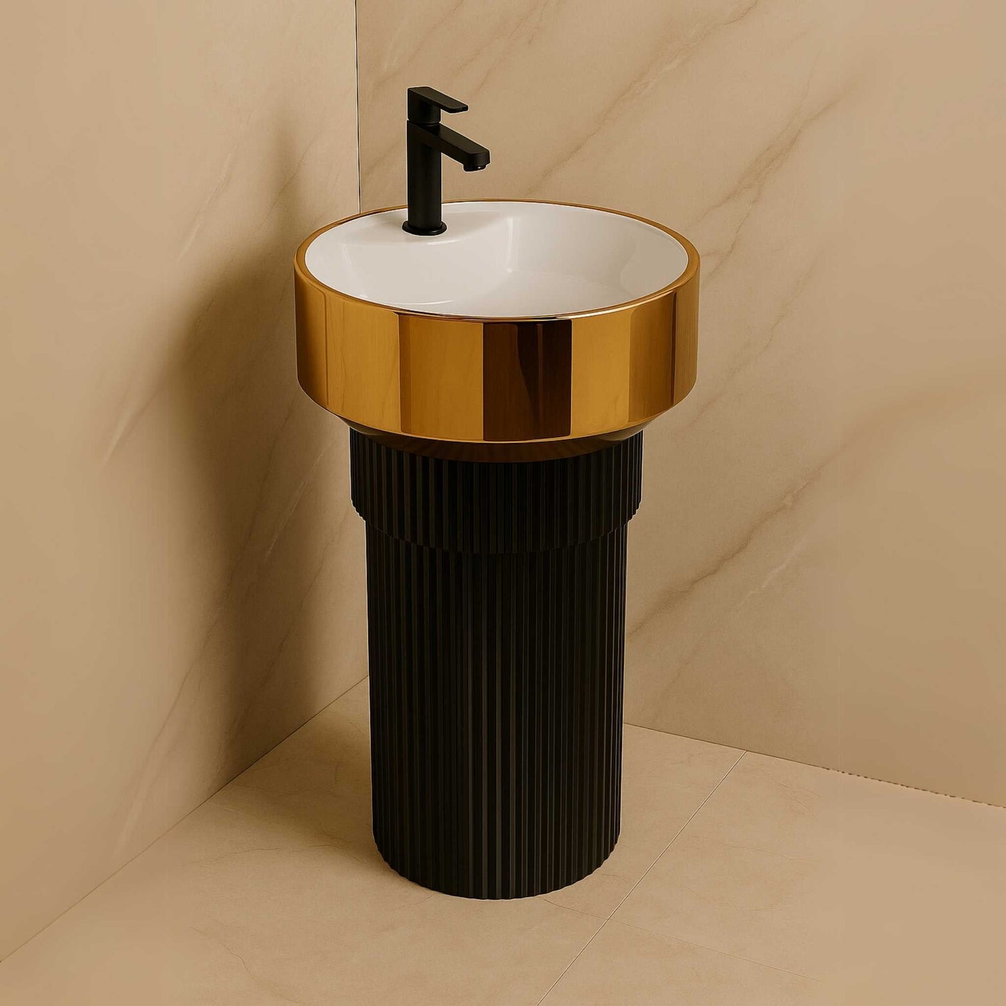 Washbasin installed in a luxury bathroom with black and gold details