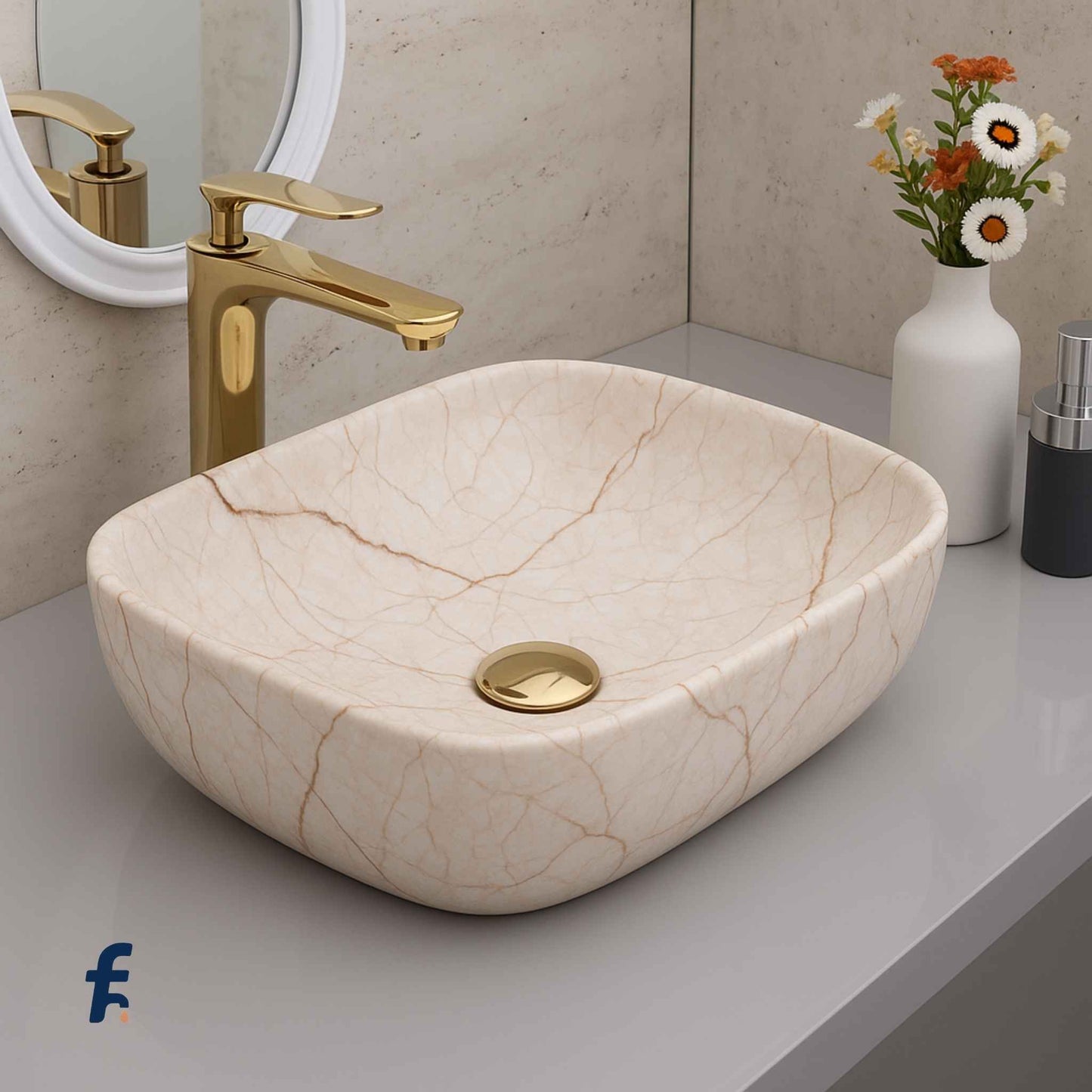 Beige marble-patterned sink with gold faucet in a bathroom setting, 18x13 affordable marble finish wash basin front view with gold faucet