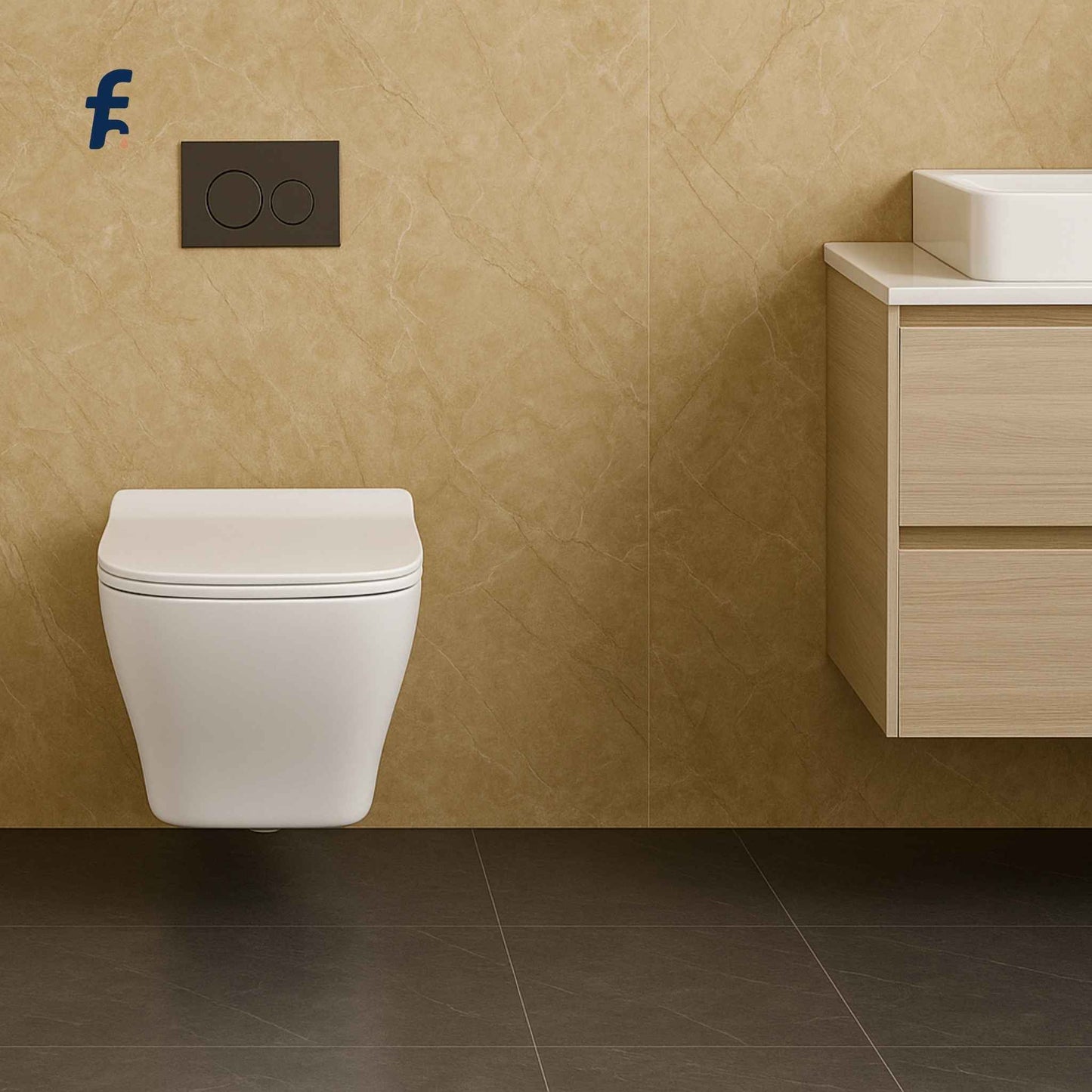 Small Bathroom with affordable wall-mounted toilet and wooden vanity against a beige wall