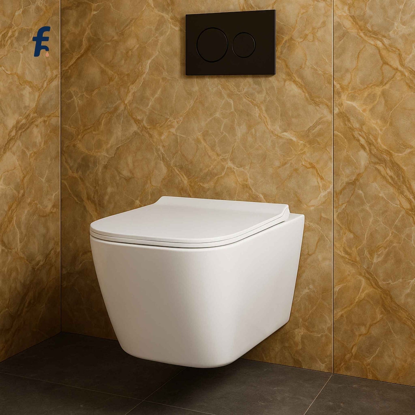 White wall-mounted toilet against a brown marble wall
