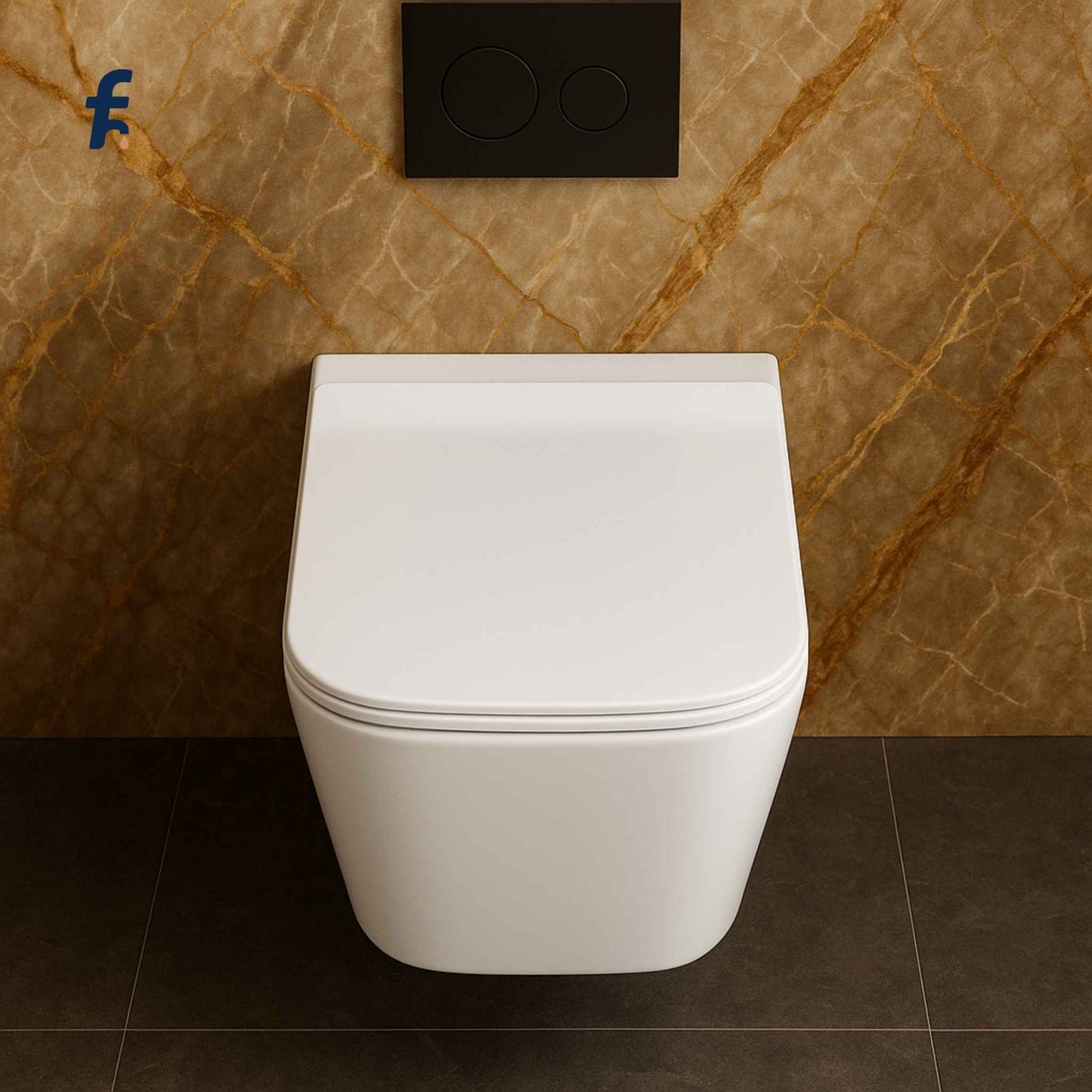 White wall-mounted toilet against a brown marble wall with a dark floor.
