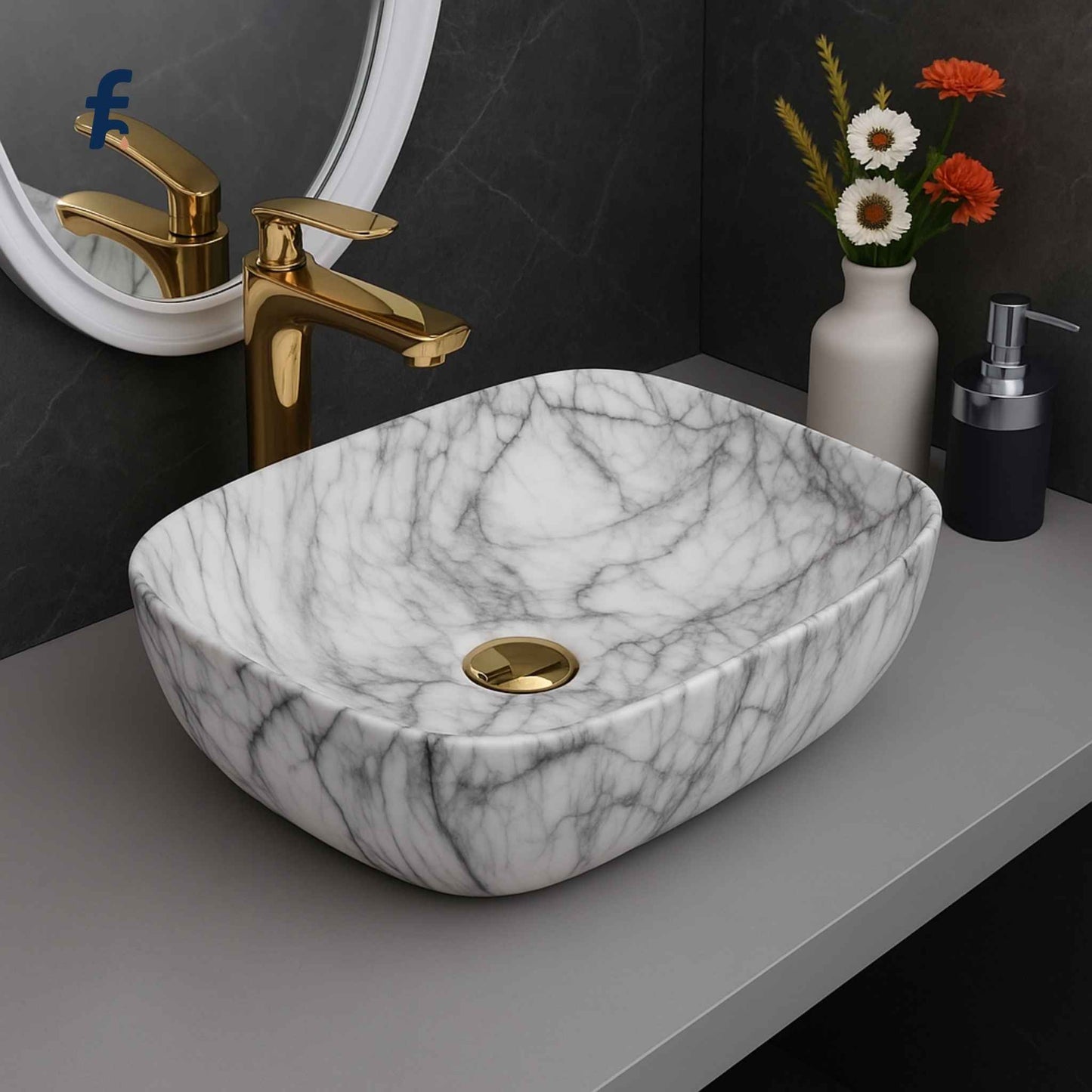Marble-patterned sink with gold faucet on a dark wall background, Front view of affordable white marble finish ceramic wash basin with gold faucet on modern vanity.