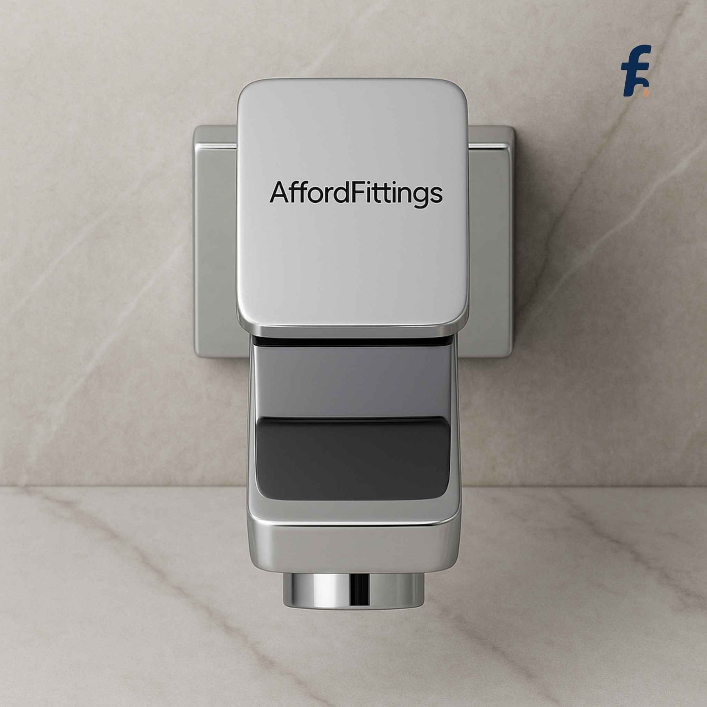 Chrome wall-mounted fitting with 'AffordFittings' branding on a neutral background