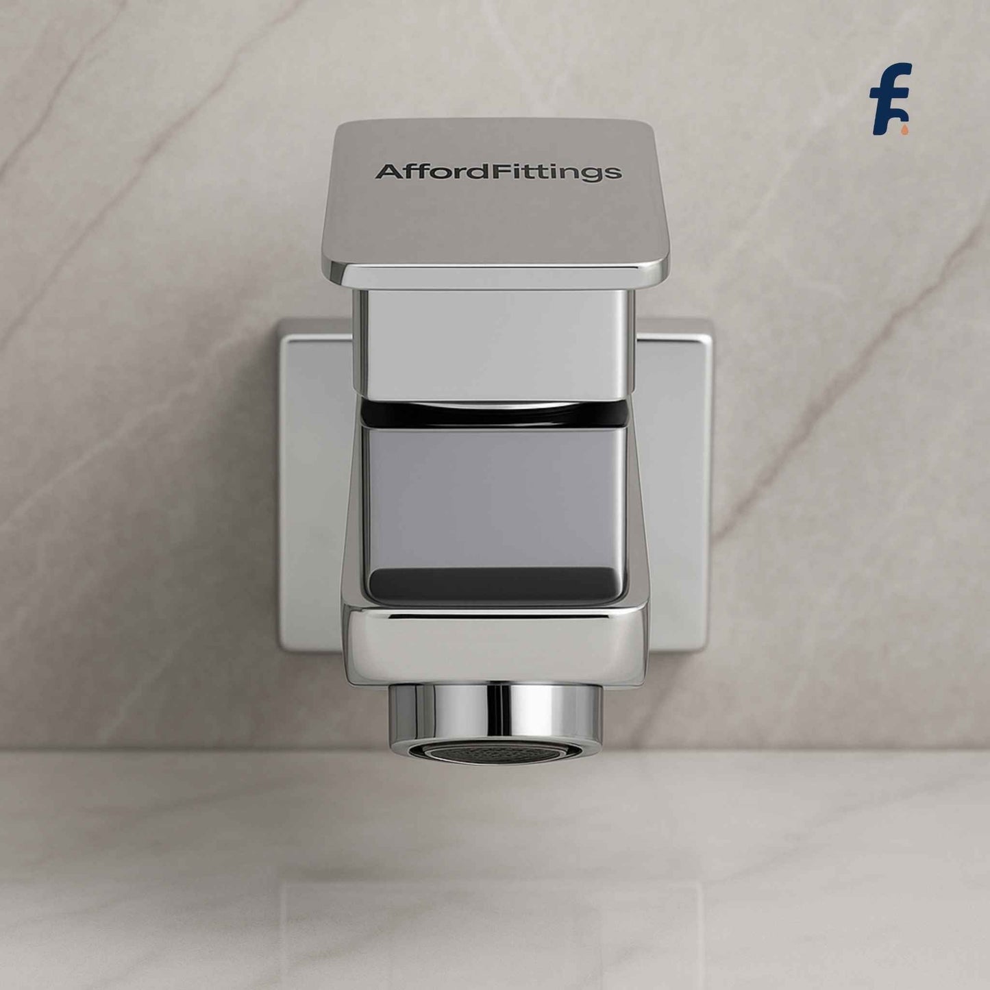 Chrome shower head with 'AffordFittings' branding on a tiled wall. Side close-up of affordable chrome faucet for bathroom wall