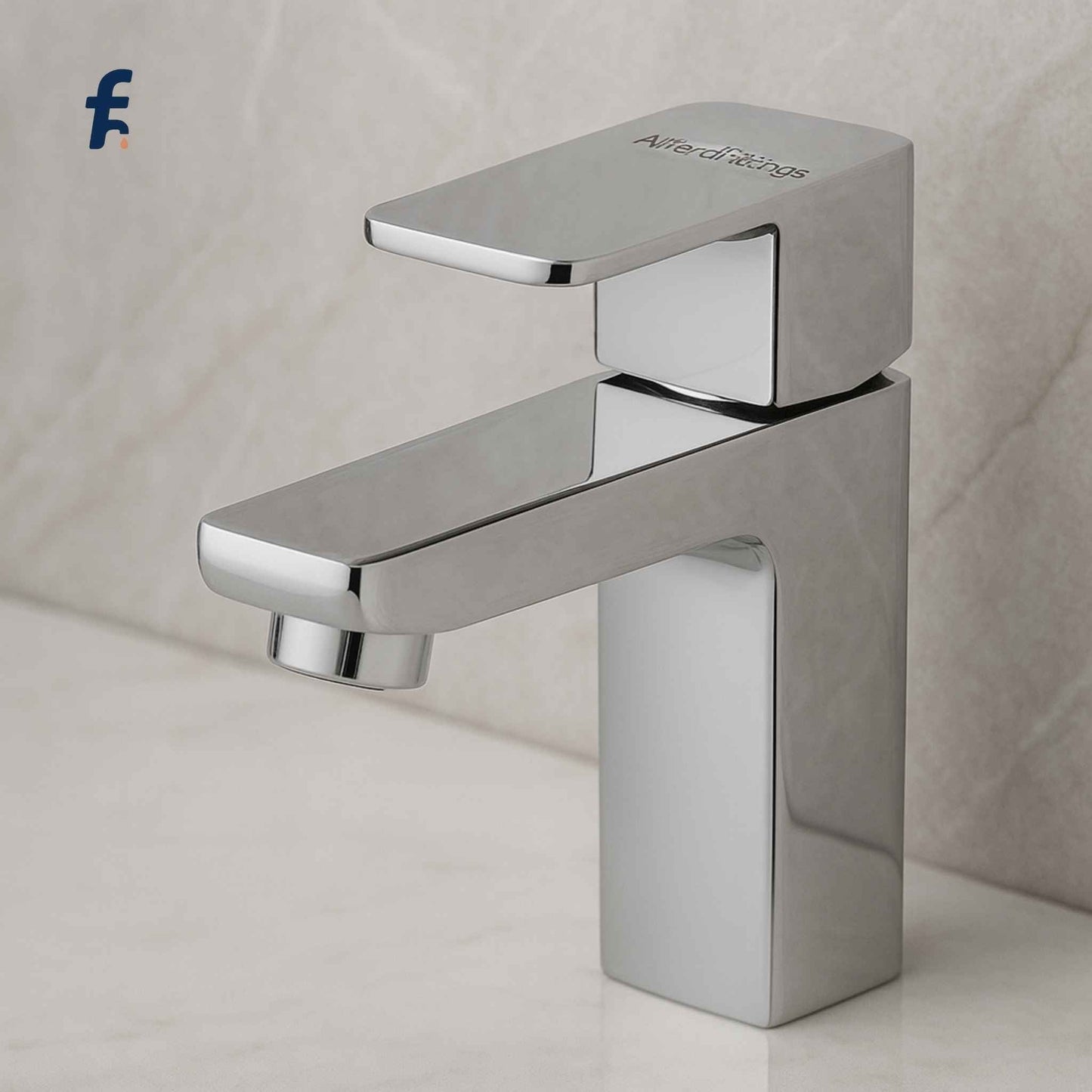 Chrome bathroom faucet on a neutral background, Chrome pillar cock faucet with square base and sleek lever