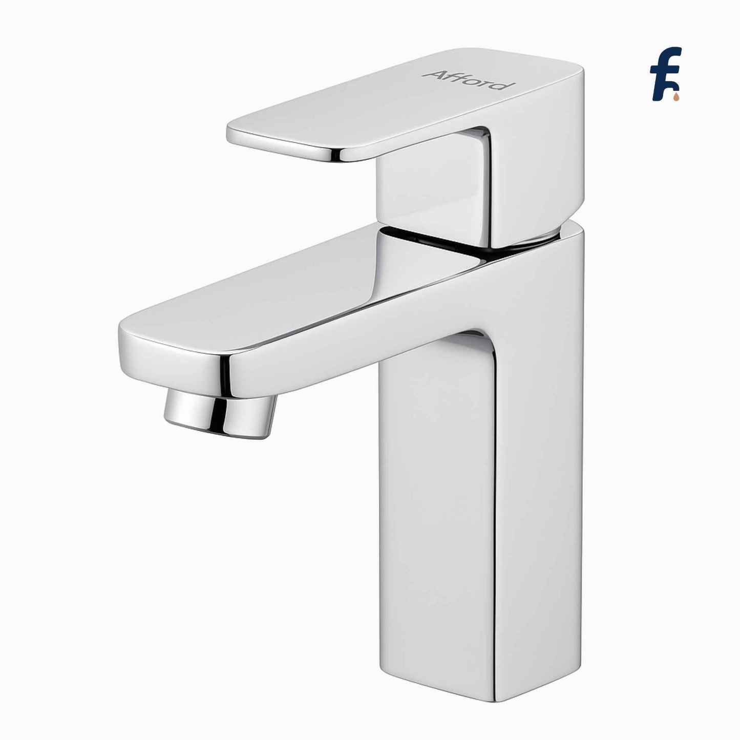 Chrome bathroom faucet on a white background with a brand logo. Front view of AffordFittings pillar cock chrome basin tap