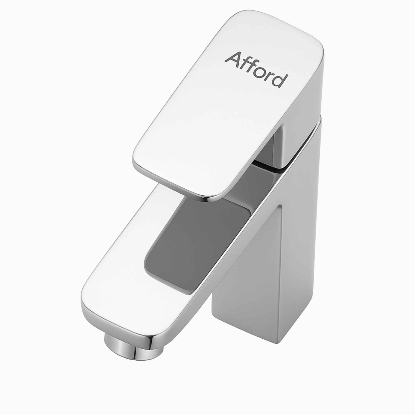 Chrome faucet with 'Afford' branding on a white background Top-down view of single lever chrome faucet for wash basin