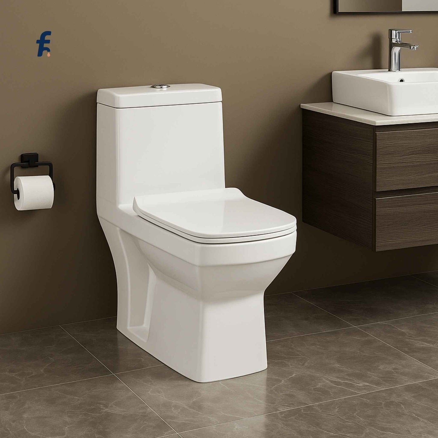 "Luxurious bathroom showcasing one-piece ceramic WC with clean white design and Italian marble flooring"