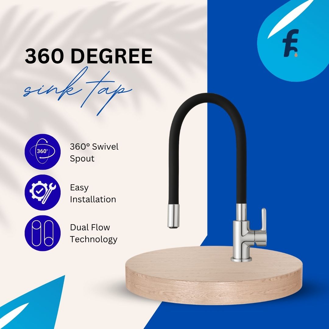 360-degree sink tap with features listed on a blue and white background