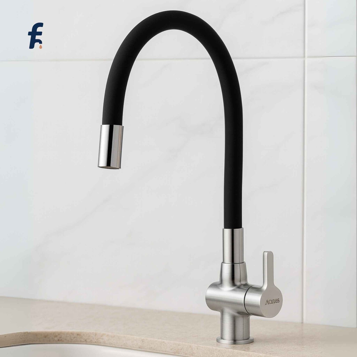Modern kitchen faucet with black flexible hose on a white tiled wall background, Flexible chrome sink cock faucet with wall mount – front view