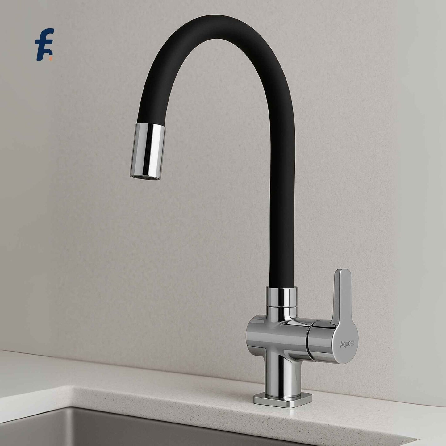 Black kitchen faucet with silver handle on a neutral background, Modern black spout sink faucet installed in Indian kitchen