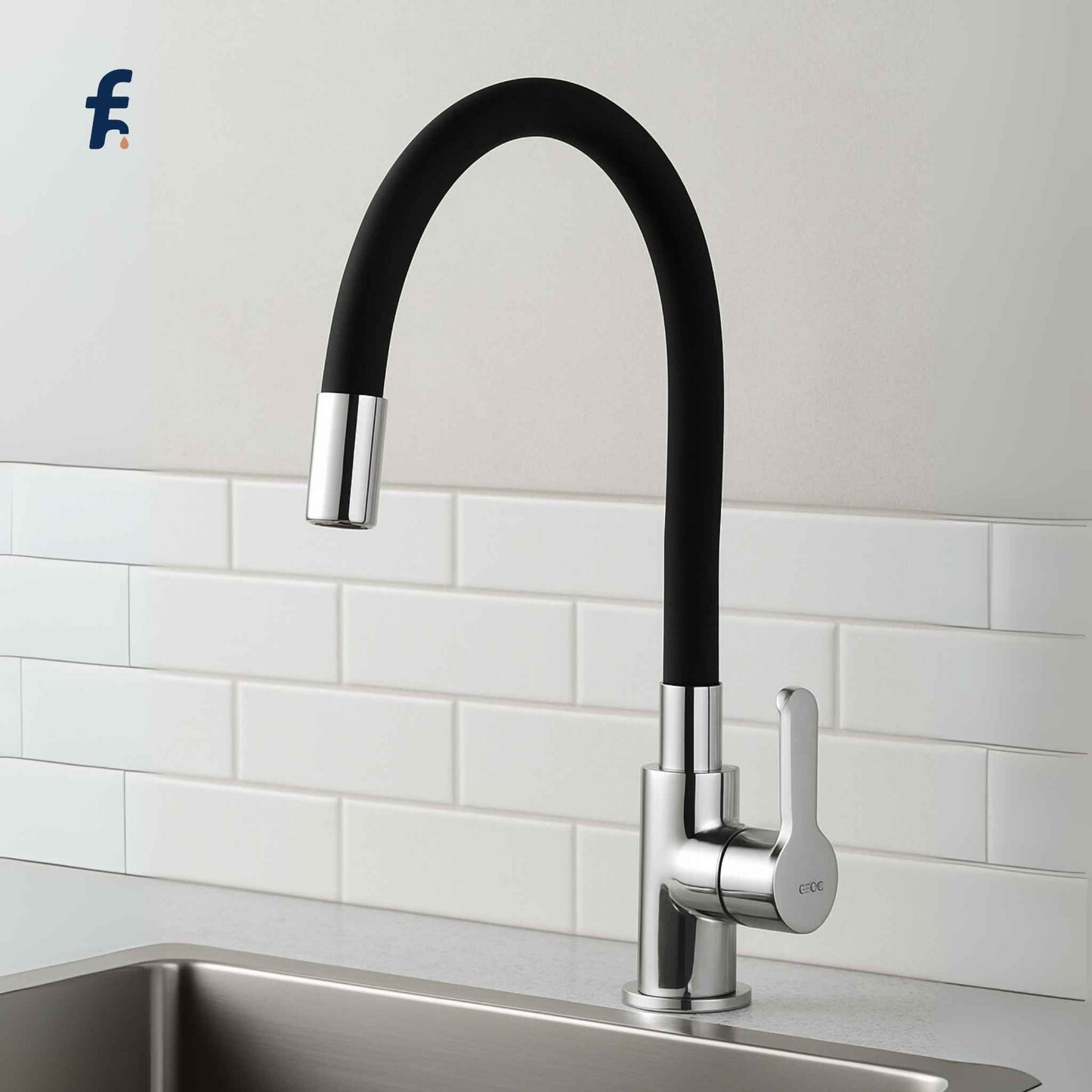 Black kitchen faucet with silver base on a white tiled wall, Overhead view of flexible sink cock with chrome handle