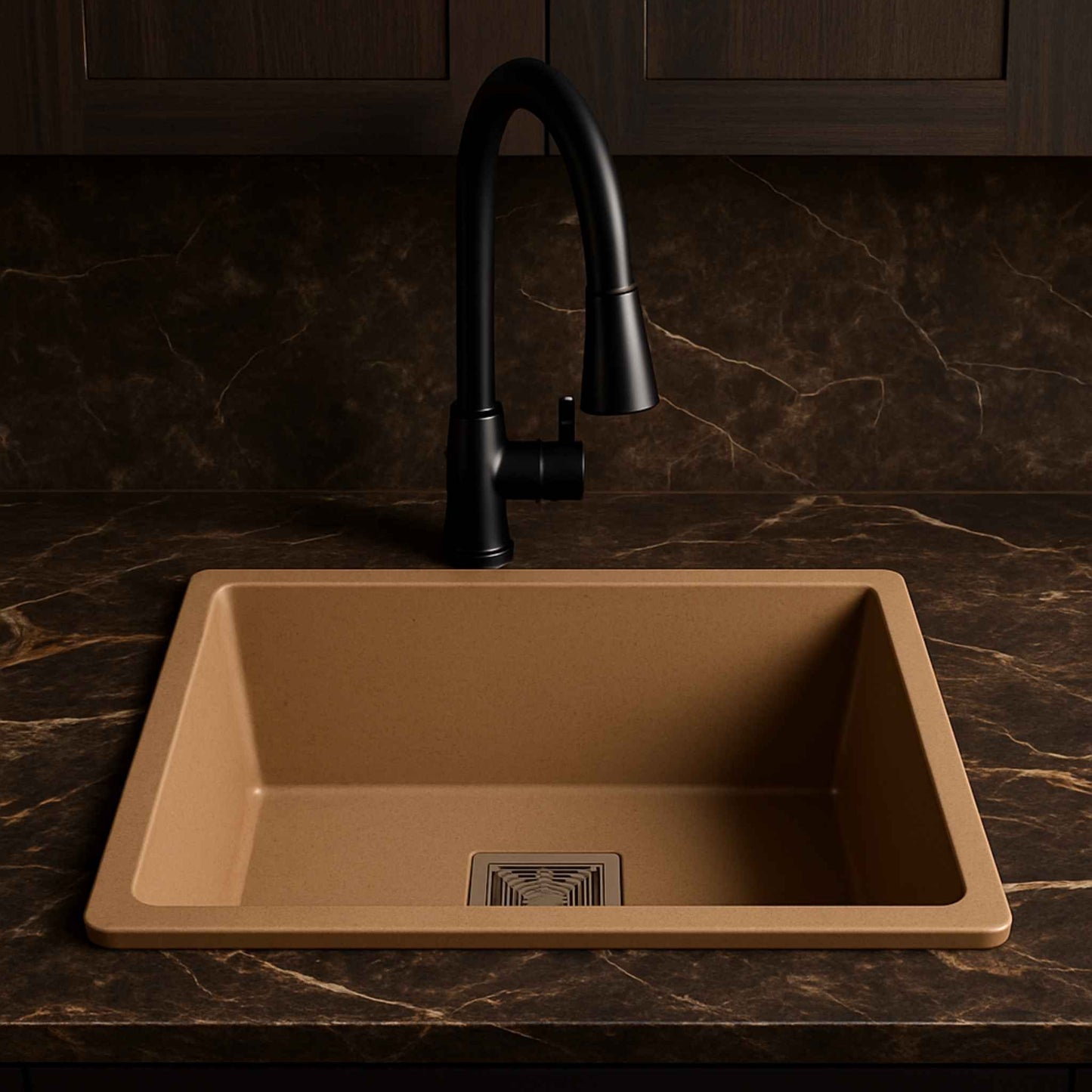 Front view of almond-colored granite kitchen sink with square drain