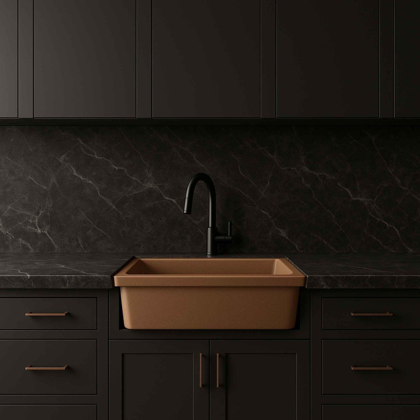 Almond granite kitchen sink placed in a modern kitchen with beige Italian marble