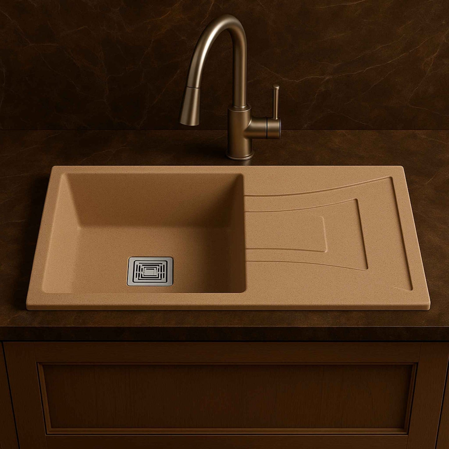Side angle of almond quartz sink with pull-out faucet on Italian marble platform