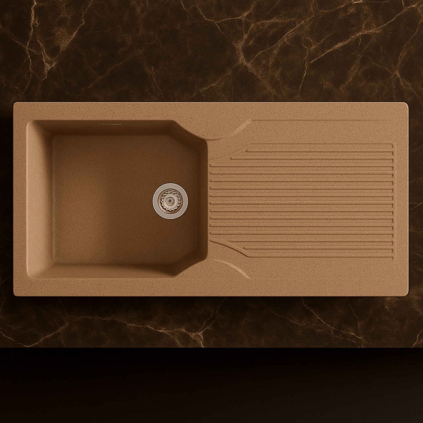 Top angle of almond granite kitchen sink with deep bowl and integrated drainboard – 36x18x9 inch