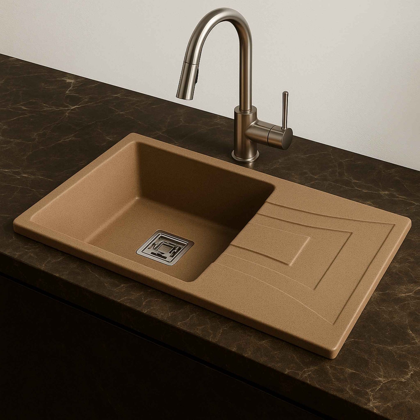 Front-facing almond brown granite composite sink in a modern Indian kitchen