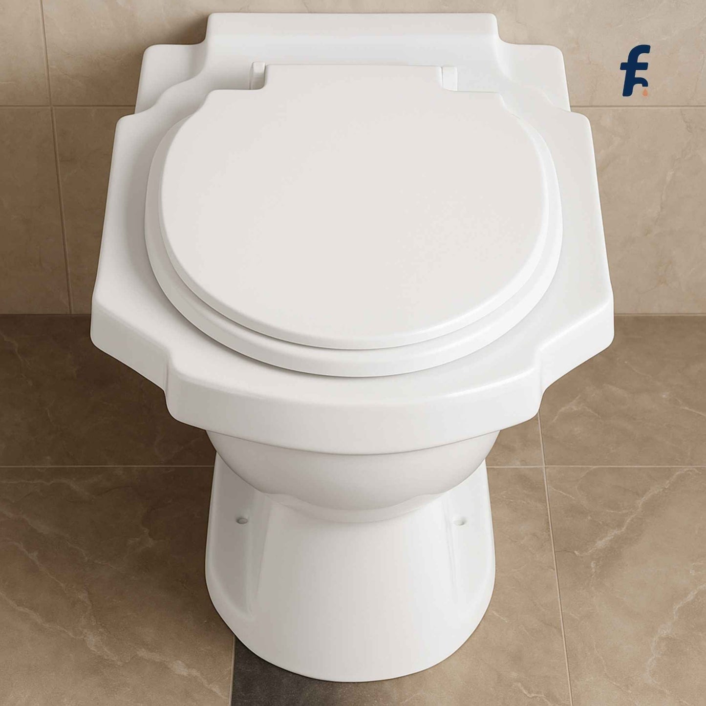 White toilet bowl on a tiled floor with a brand logo in the corner. Top View of Anglo Indian Style Western Commode in White Ceramic.