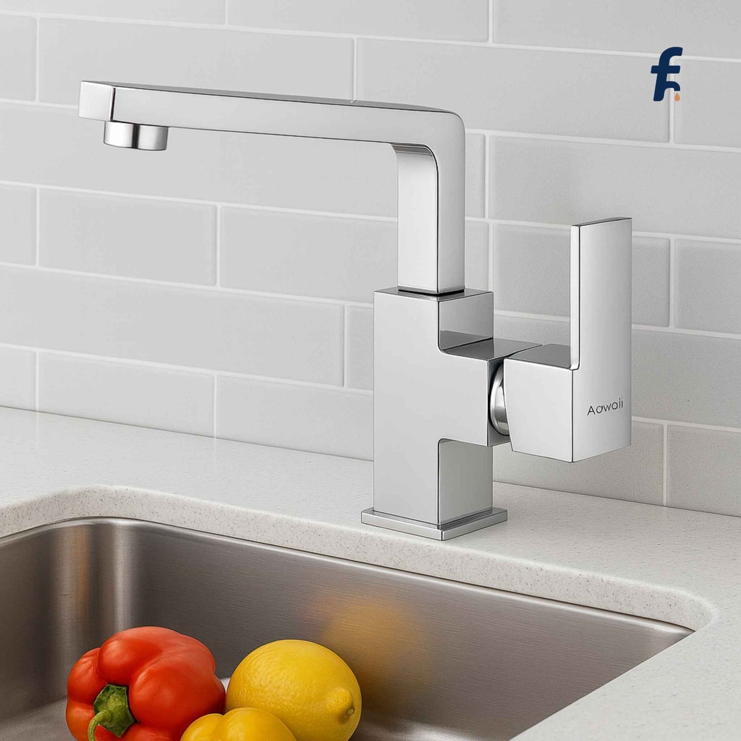 Modern kitchen faucet with a sink and fruits on a light gray tiled wall background, Aqwal 2509 swan neck faucet installed on stainless steel kitchen sink