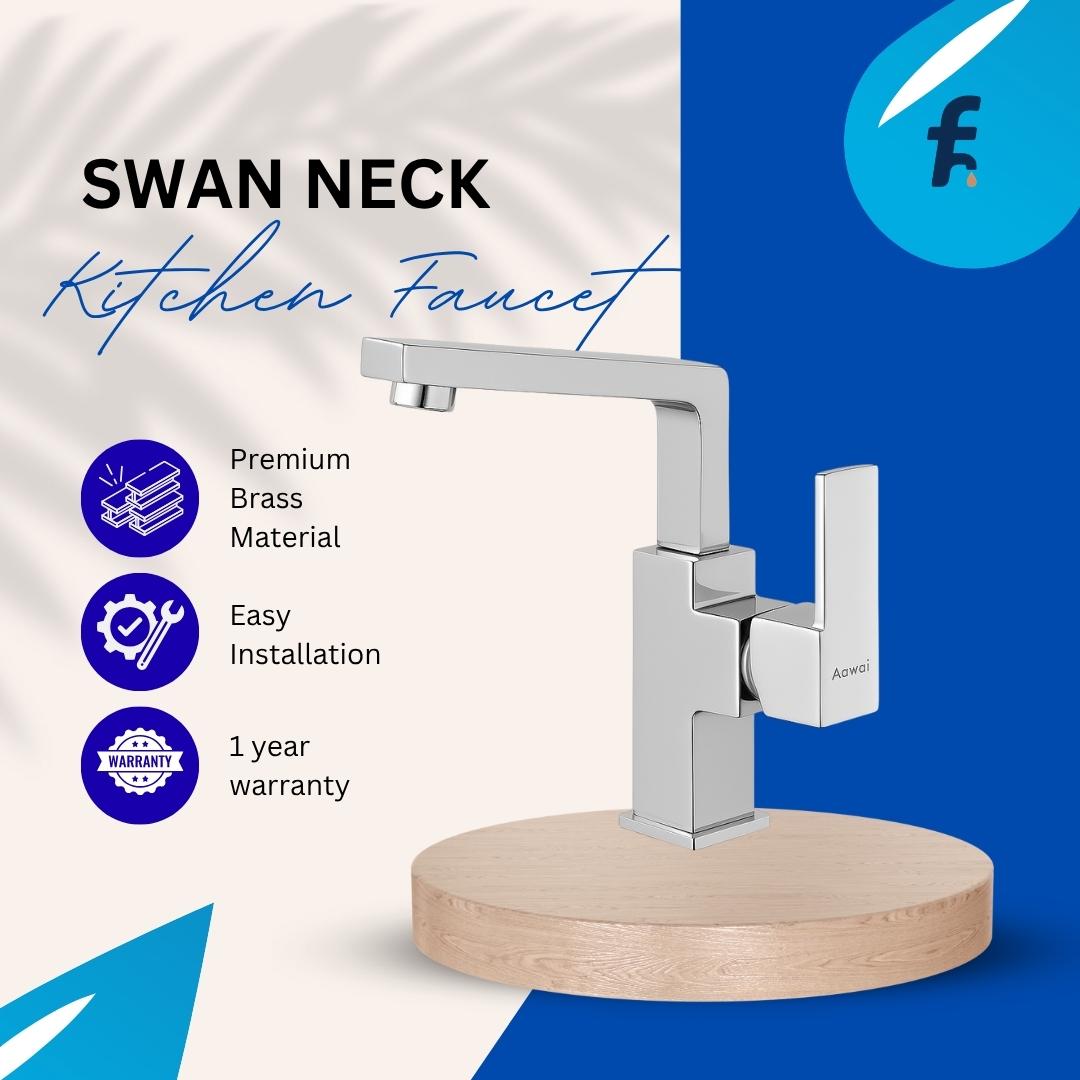 Swan neck kitchen faucet with features listed on a blue and white background, Top angle view of modern swan neck kitchen faucet with chrome finish