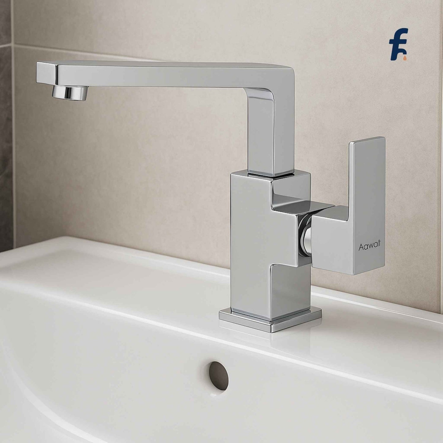 Chrome faucet on a sink with a neutral background Top angle view of modern swan neck kitchen faucet with chrome finish